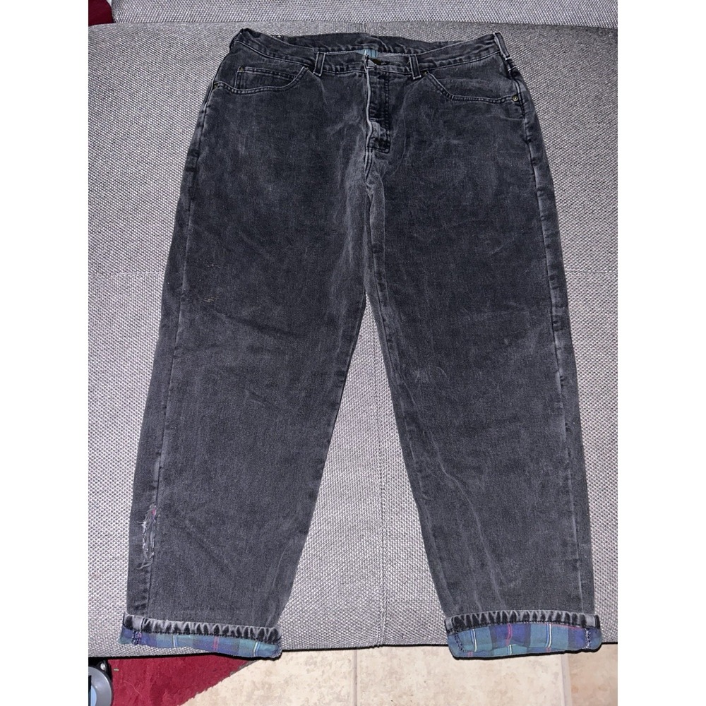 Vintage 90s L.L. Bean Black Faded Straight Leg Plaid Lined Jeans Mens 40x30